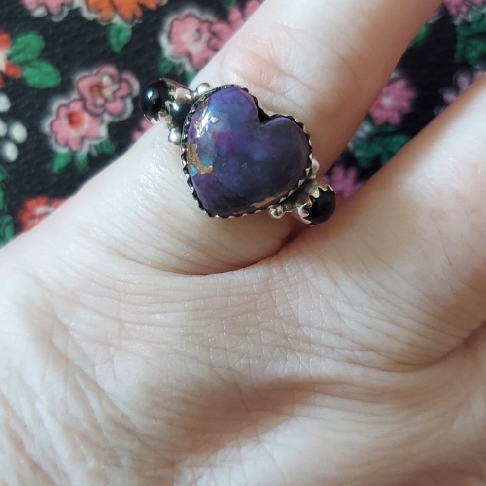 Sterling Silver Heart Ring Kingman Mojave Turquoise Purple/Onyx Size 7